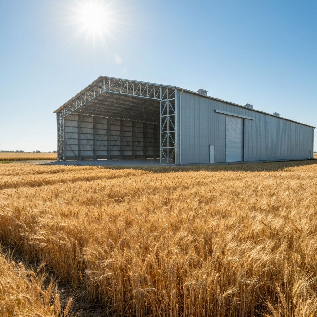 Entrepôt rural au Brésil avec stockage de grains et environnement ensoleillé